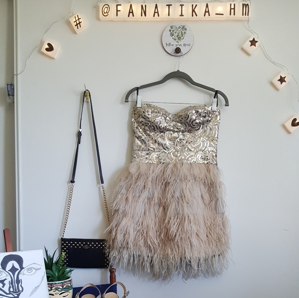 Bebe strapless feather and sequence dress